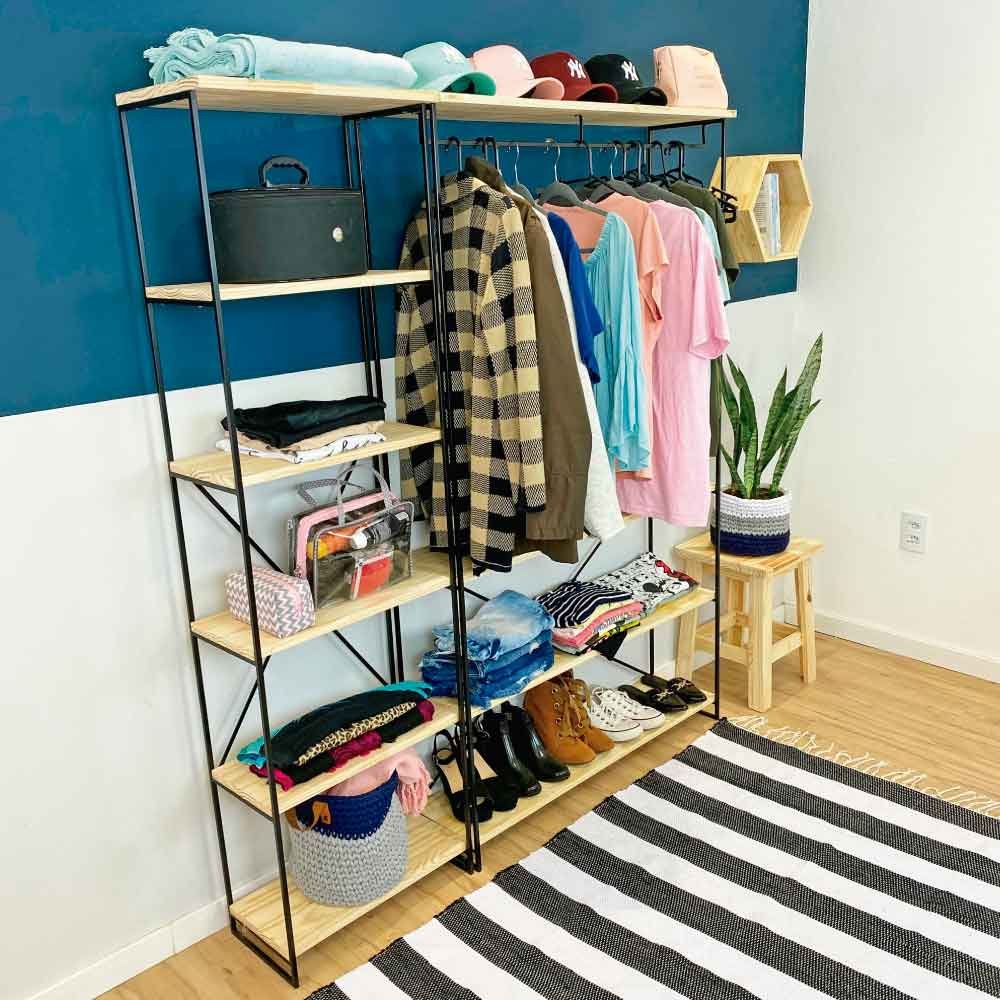 Armário Arara Industrial Closet Completo Modular Ample de Ferro e Madeira Natural e Preto