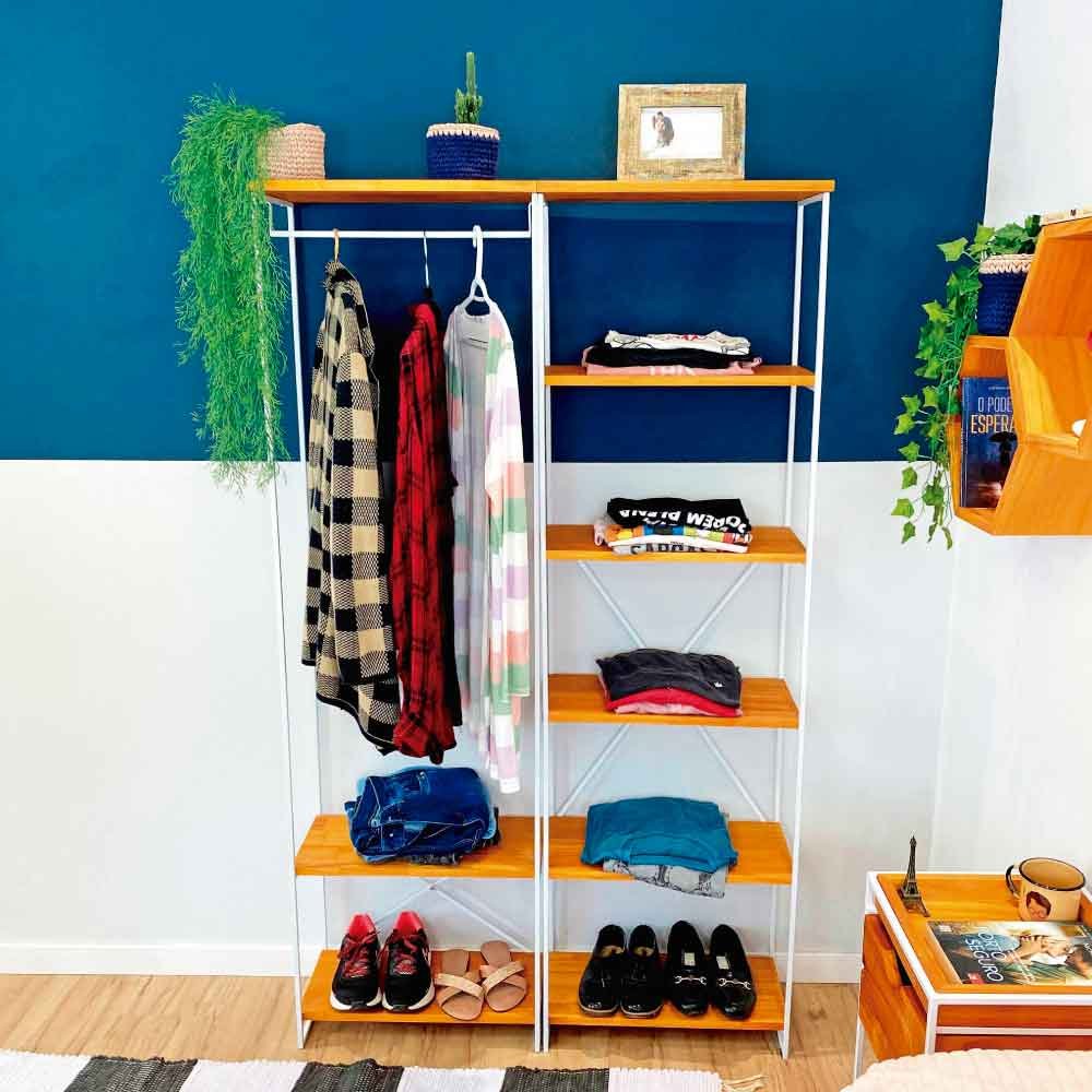 Armário Arara Industrial Closet Completo Modular Slim de Ferro e Madeira  Carvalho e Branco