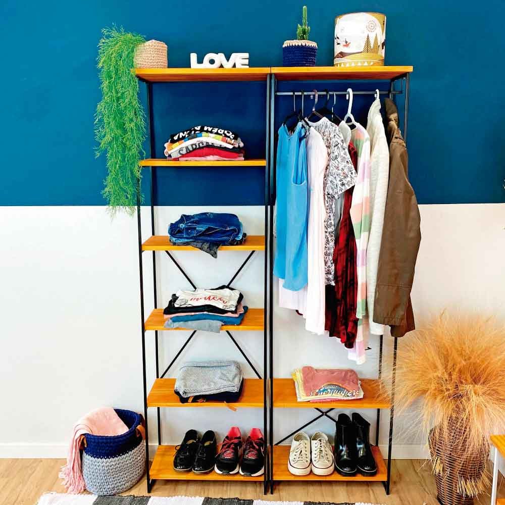 Armário Arara Industrial Closet Completo Modular Slim de Ferro e Madeira  Carvalho e Preto