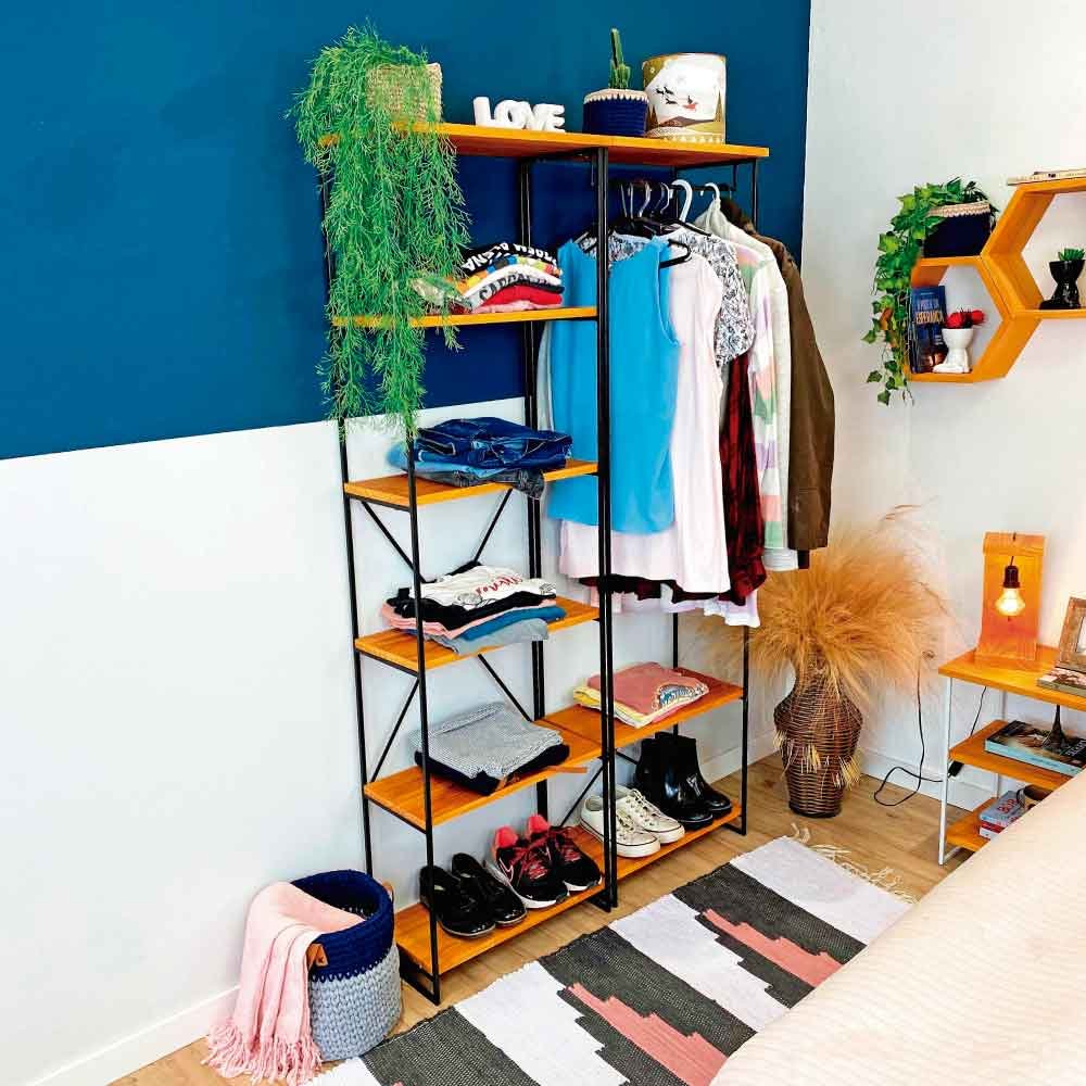 Armário Arara Industrial Closet Completo Modular Slim de Ferro e Madeira  Carvalho e Preto