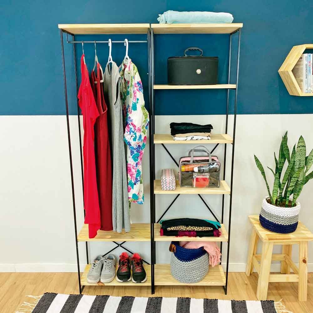 Armário Arara Industrial Closet Completo Modular Slim de Ferro e Madeira  Natural e Preto