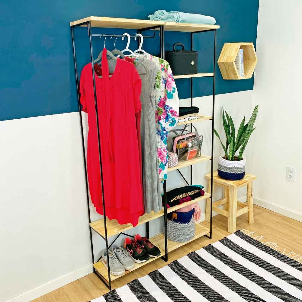 Armário Arara Industrial Closet Completo Modular Slim de Ferro e Madeira  Natural e Preto