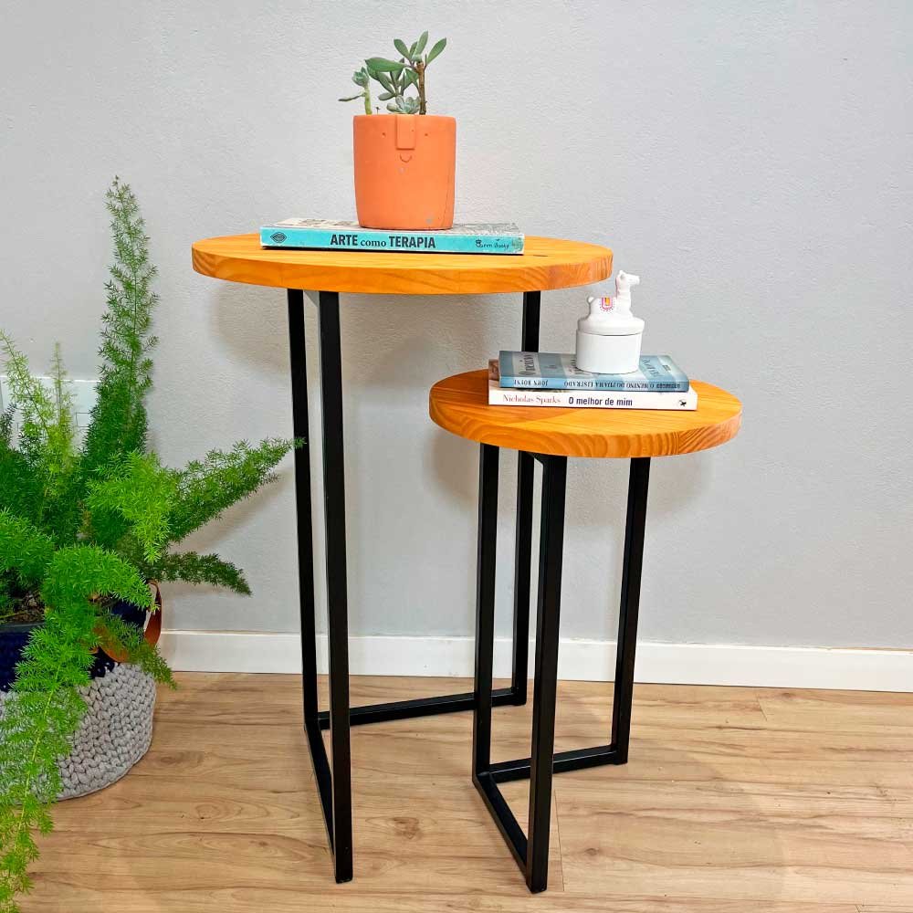 Duo Mesa de Canto Circular de Ferro e Madeira Style Industrial Carvalho e Preto