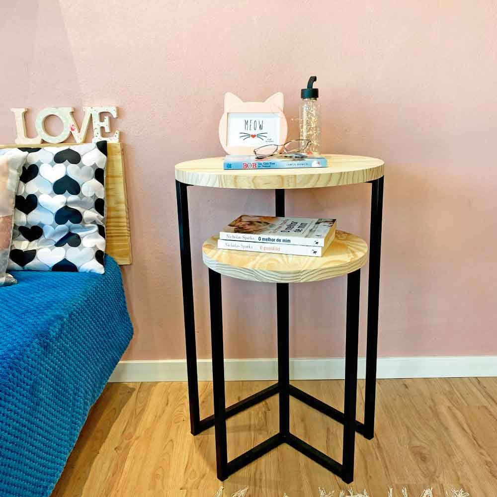 Duo Mesa de Canto Circular de Ferro e Madeira Style Industrial Natural e Preto