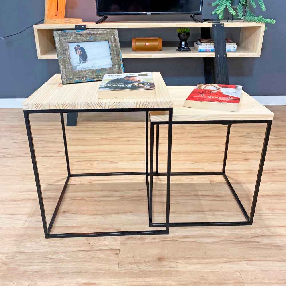 Duo Mesa de Centro Industrial Design Quadrada de Ferro e Madeira Natural e Preto