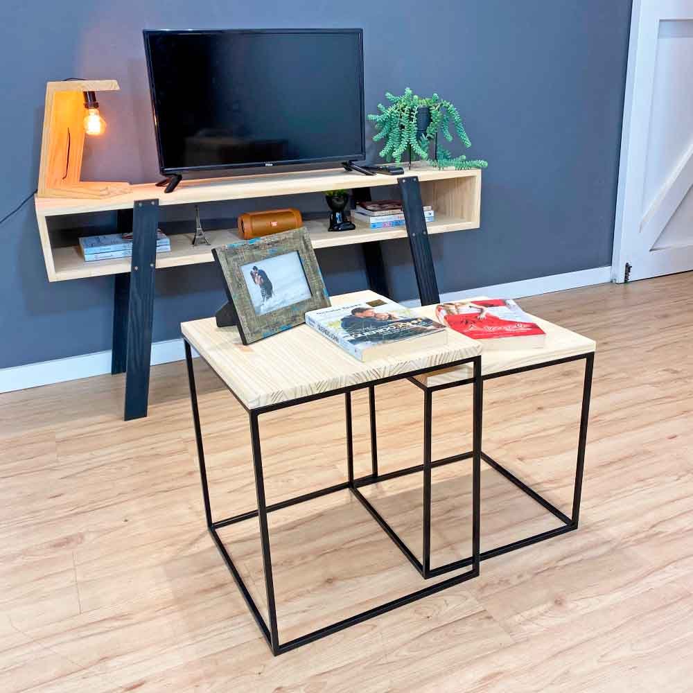 Duo Mesa de Centro Industrial Design Quadrada de Ferro e Madeira Natural e Preto