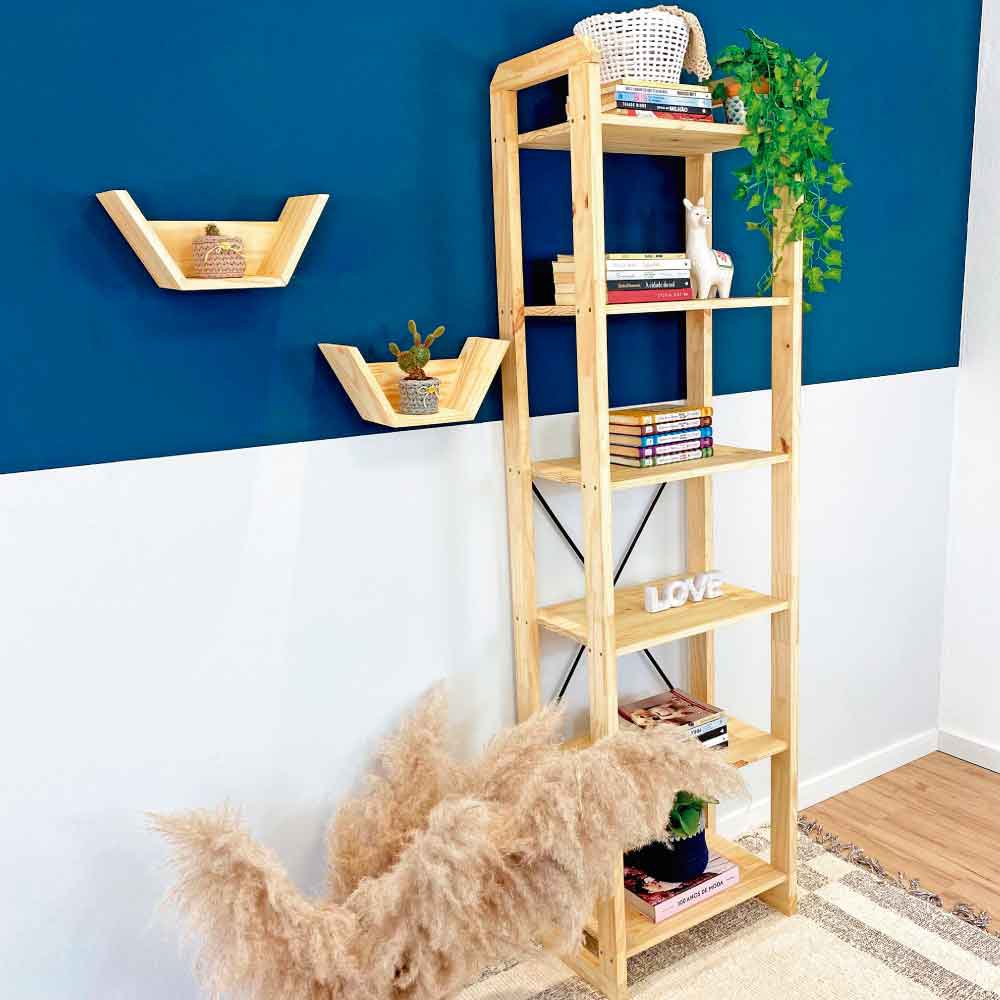 Estante 6 Prateleiras de Madeira Pinus Linea Slim Natural