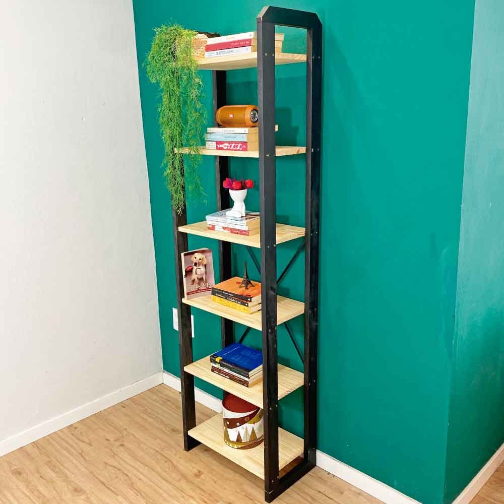 Estante 6 Prateleiras de Madeira Pinus Linea Slim Natural e Preto