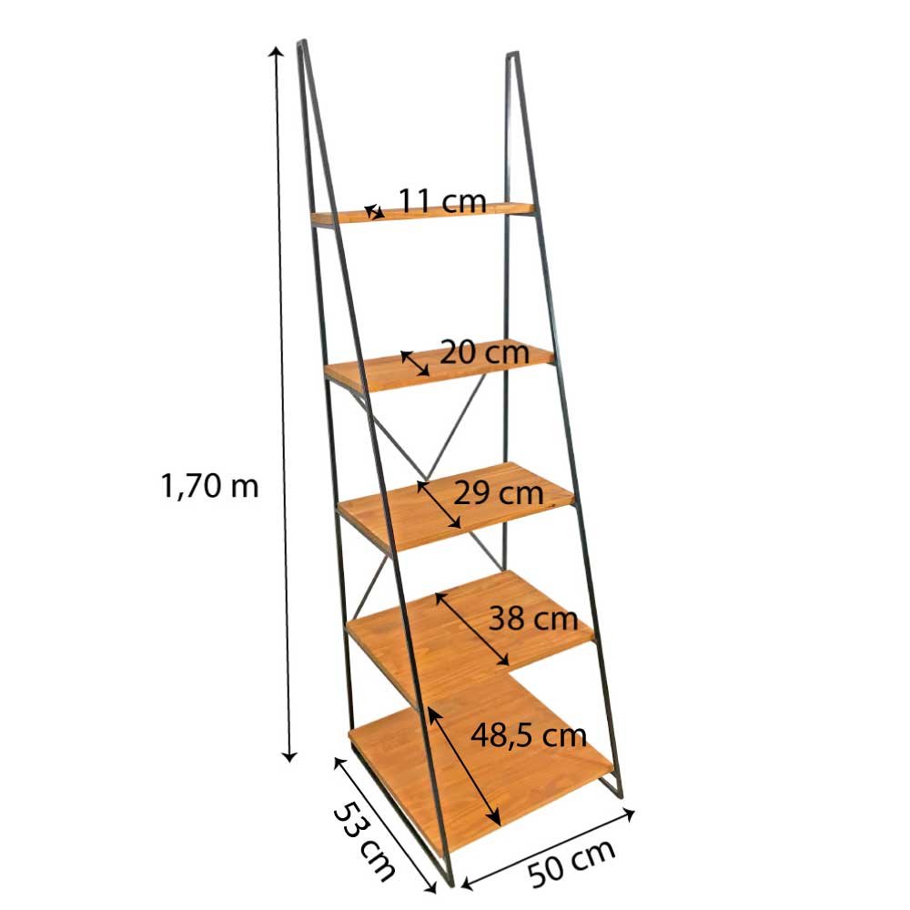 Estante Escada Torre de Ferro e Madeira Industrial Slim 5 Prateleiras Carvalho e Preta