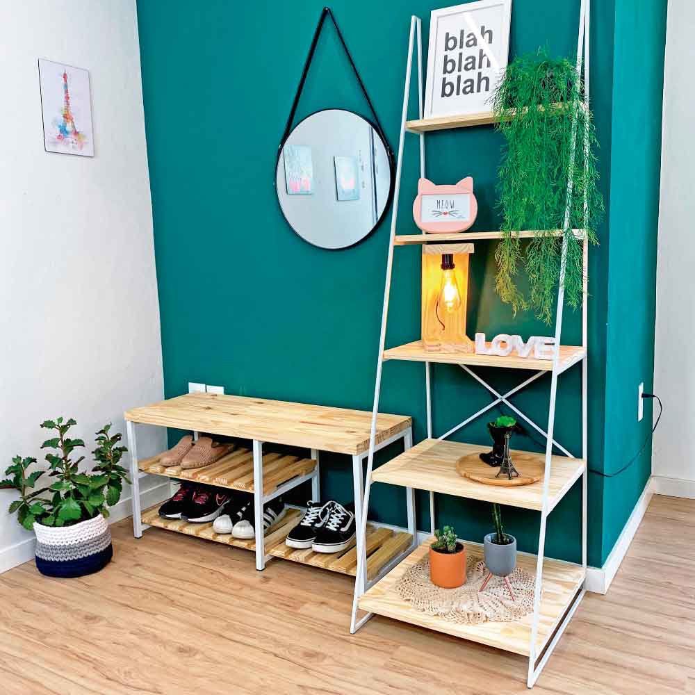Estante Escada Torre de Ferro e Madeira Industrial Slim 5 Prateleiras Natural e Branco