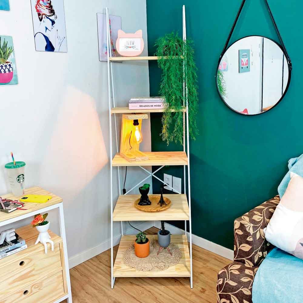 Estante Escada Torre de Ferro e Madeira Industrial Slim 5 Prateleiras Natural e Branco
