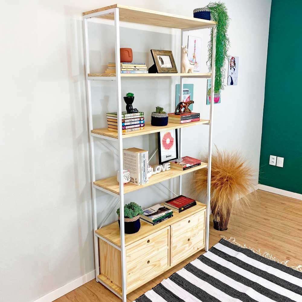 Estante Style de Ferro e Madeira Ample 6 Prateleiras com 2 Gaveteiros Industrial Natural e Branco