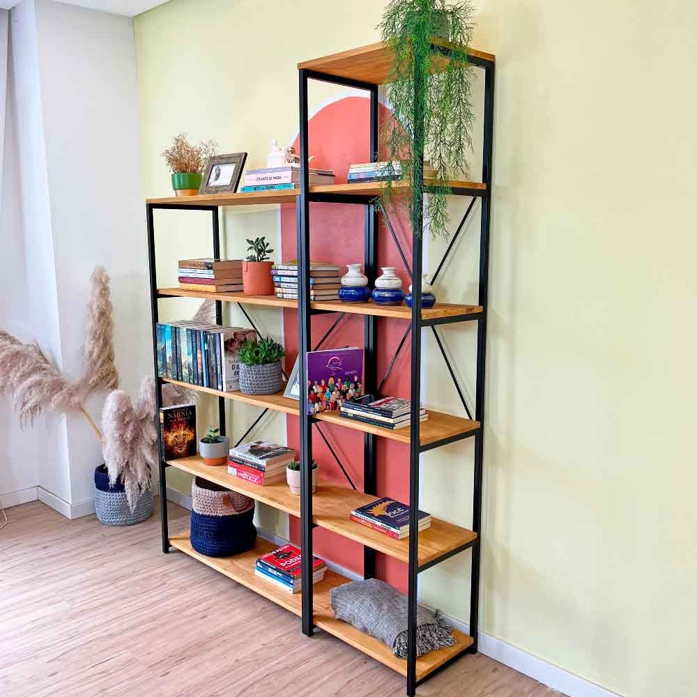 Estante Style de Ferro e Madeira Dual 5 e 6 Prateleiras Industrial Nozes e Preto