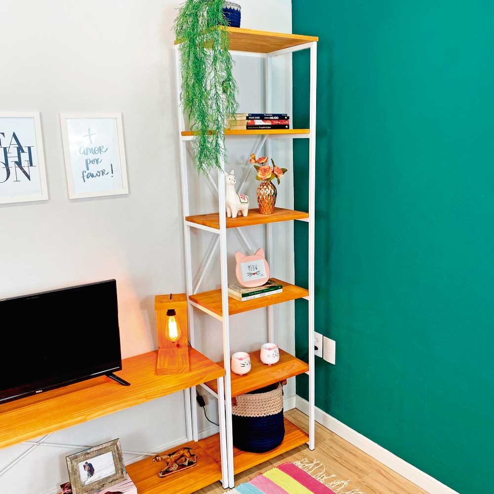 Estante Style de Ferro e Madeira Slim 6 Prateleiras Industrial Carvalho e Branco