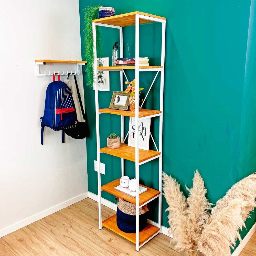 Estante Style de Ferro e Madeira Slim 6 Prateleiras Industrial Carvalho e Branco