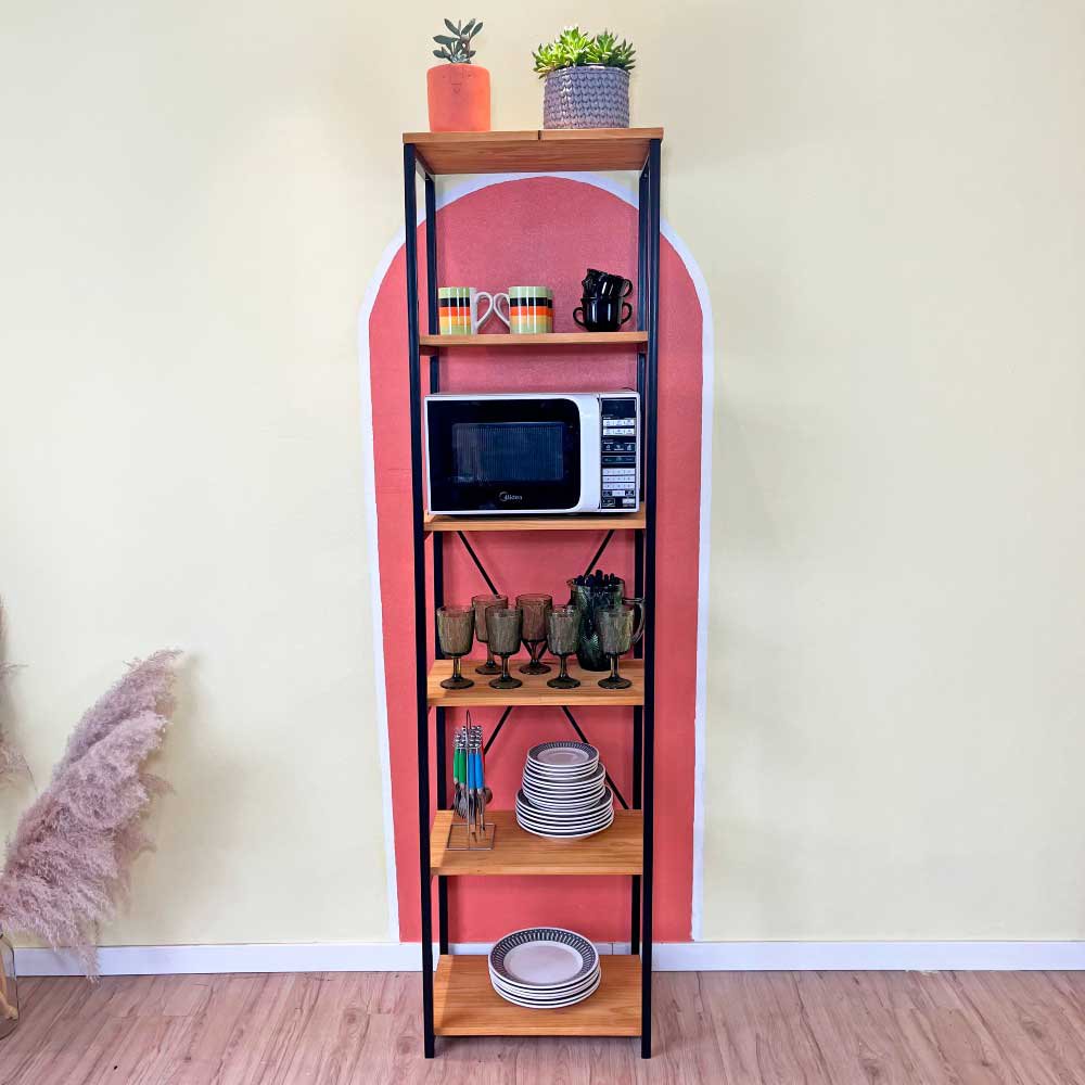Estante Style de Ferro e Madeira Slim 6 Prateleiras Industrial Nozes e Preto