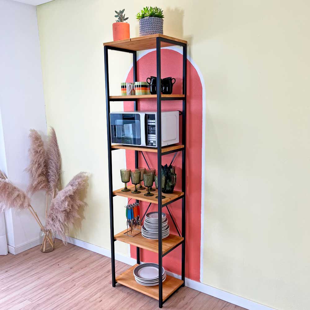 Estante Style de Ferro e Madeira Slim 6 Prateleiras Industrial Nozes e Preto