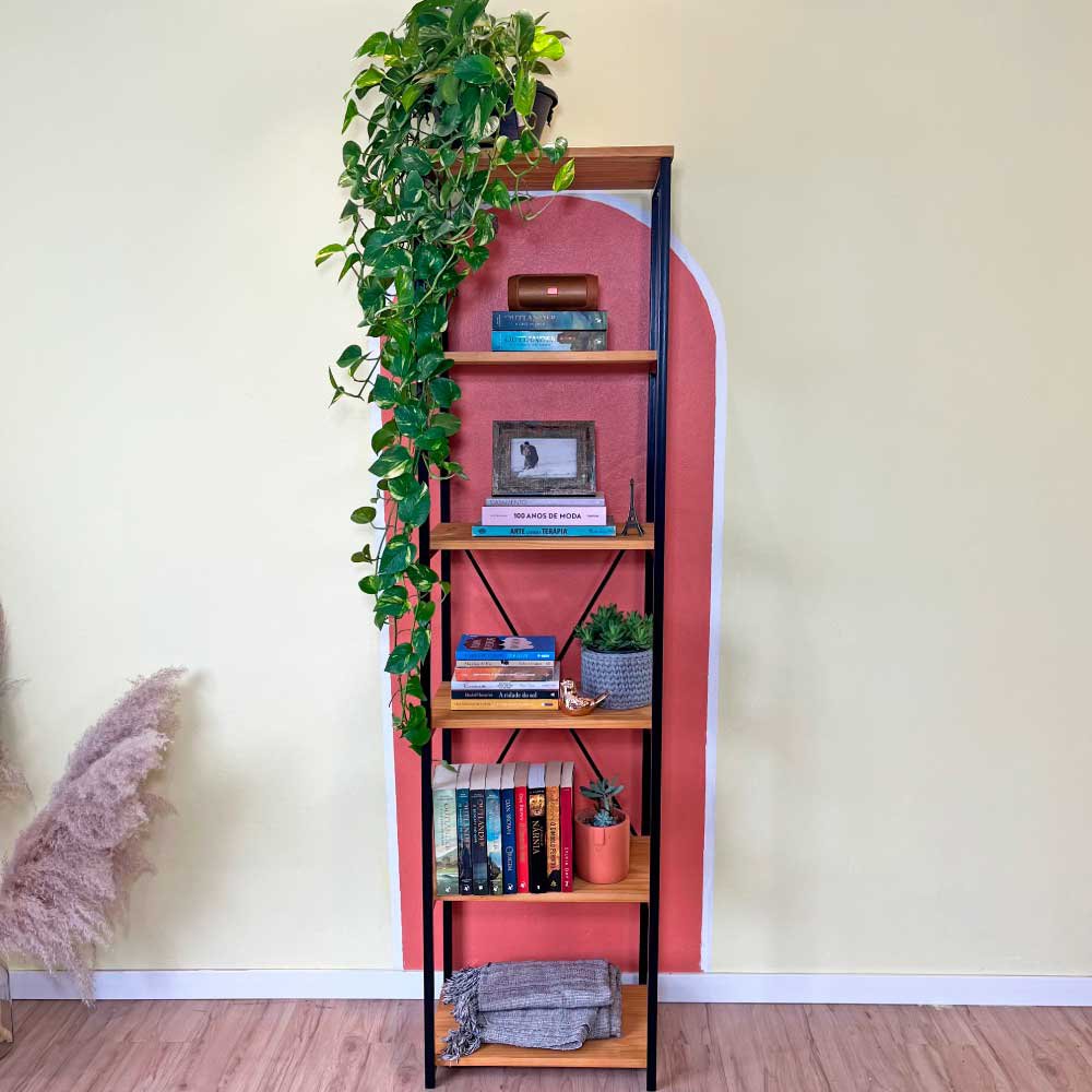 Estante Style de Ferro e Madeira Slim 6 Prateleiras Industrial Nozes e Preto