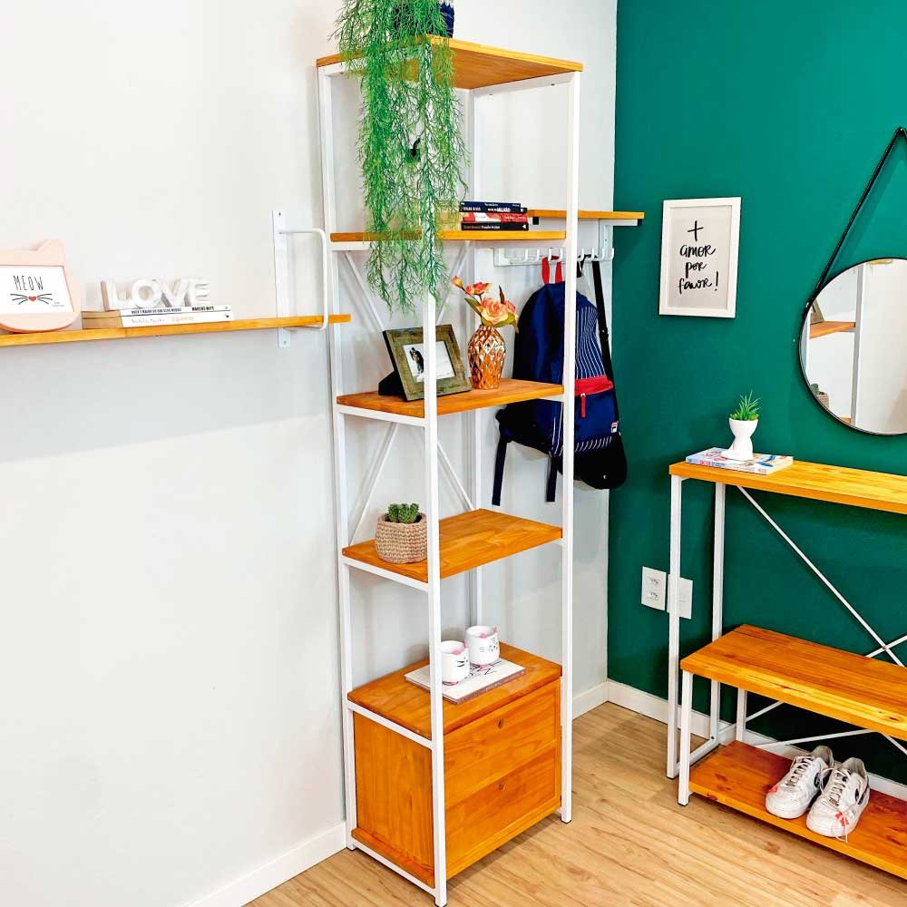 Estante Style de Ferro e Madeira Slim 6 Prateleiras Industrial com 1 Gaveteiro Carvalho e Branco