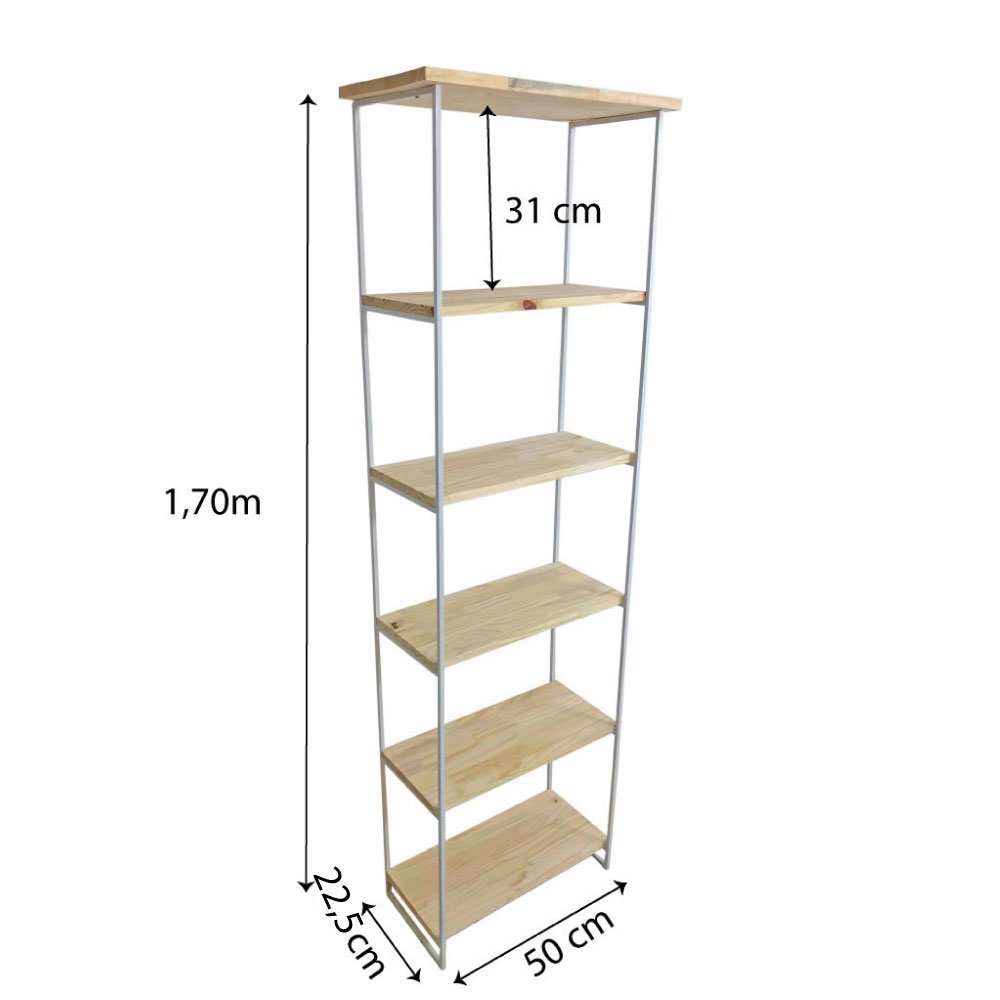 Estante Torre Industrial de Ferro e Madeira Slim 6 Prateleiras Natural e Branco