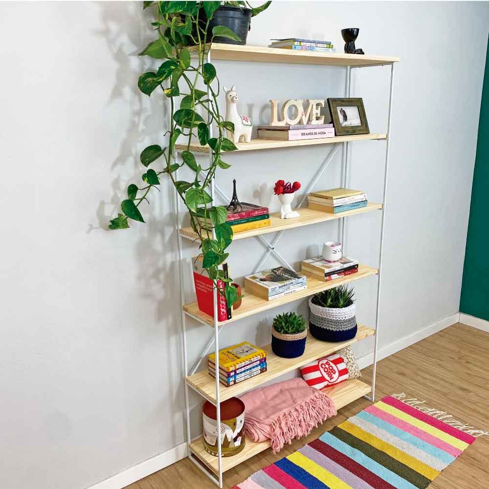 Estante de Ferro e Madeira Industrial Ample 6 Prateleiras Natural e Branco