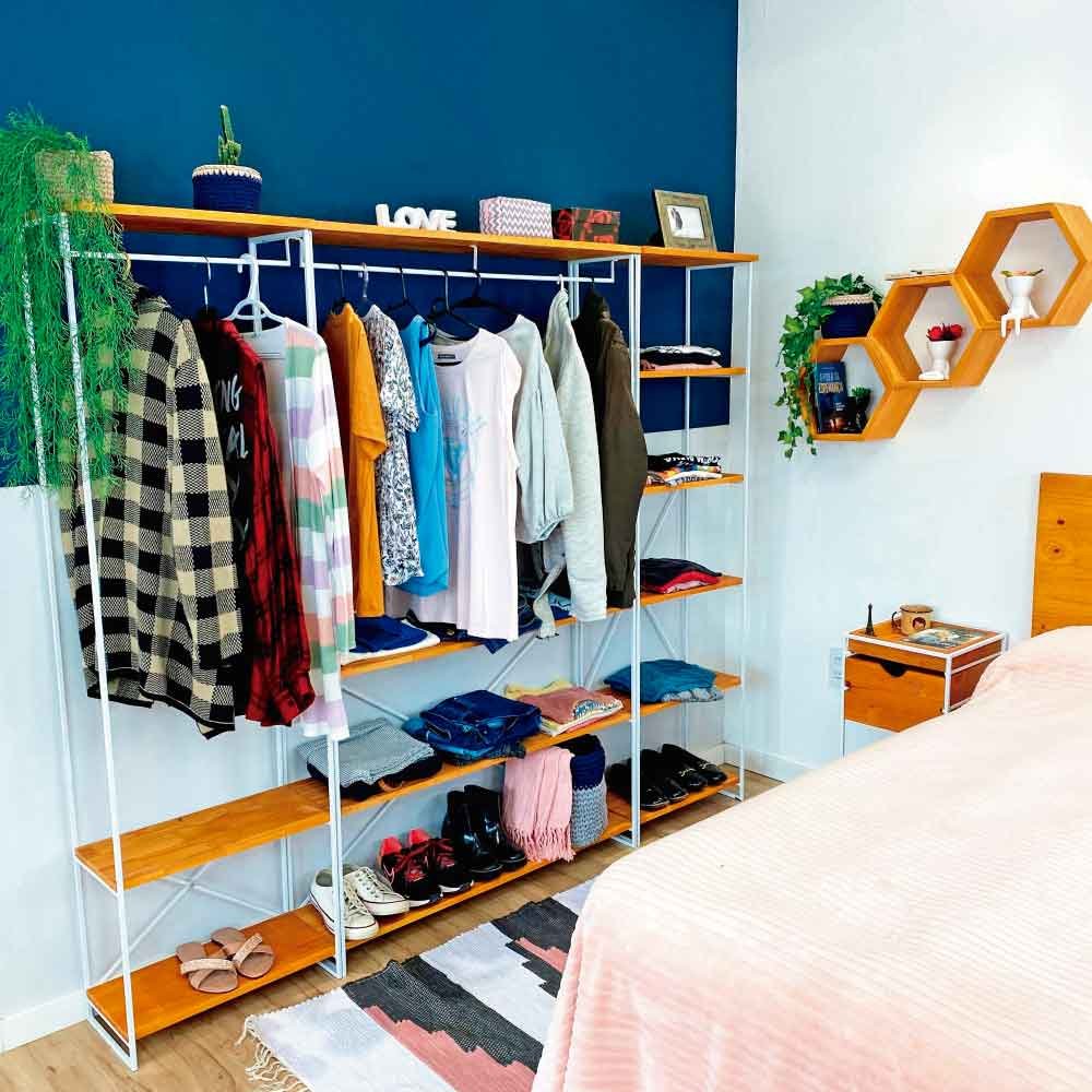 Guarda-Roupas Industrial de Ferro e Madeira Closet Modular Carvalho e Branco