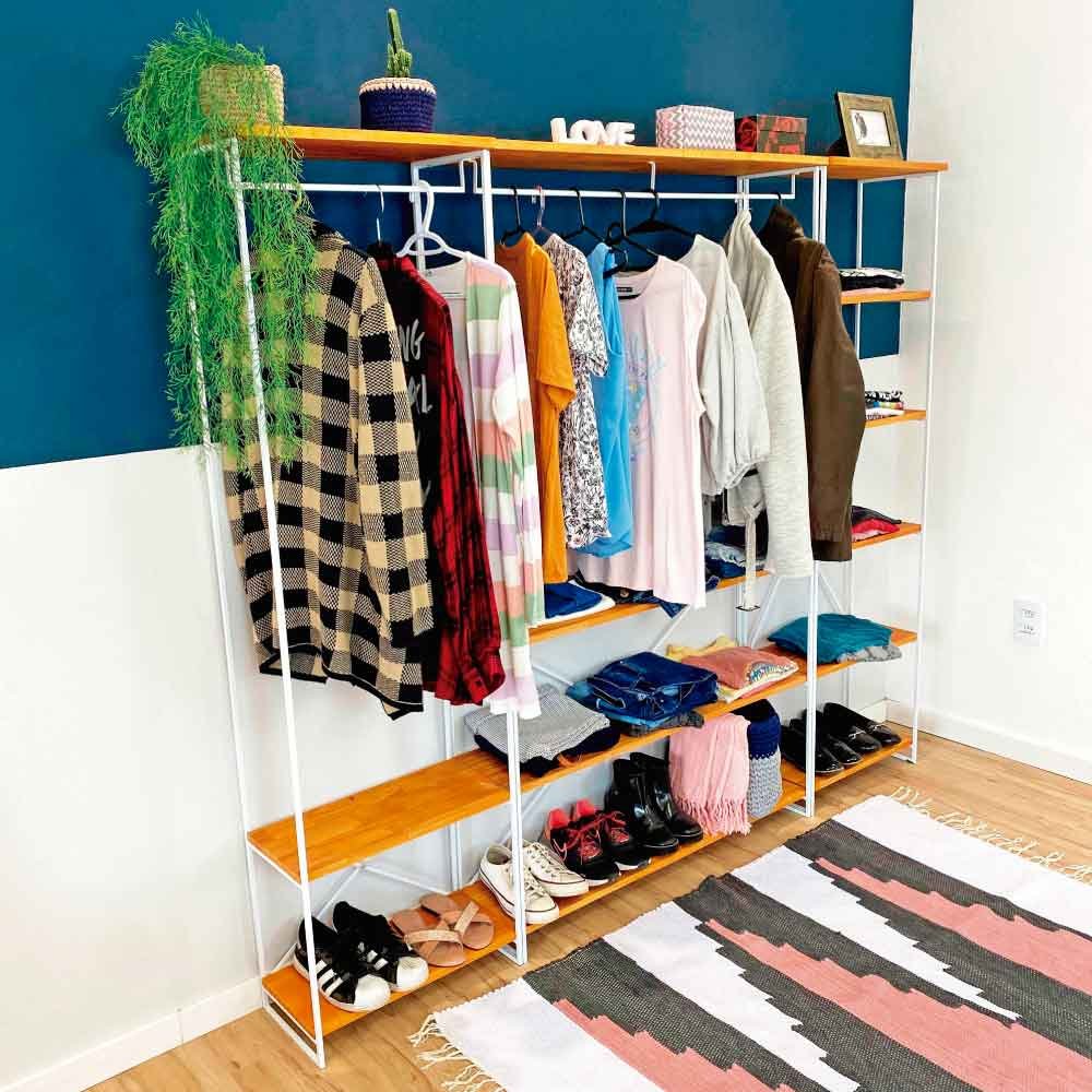 Guarda-Roupas Industrial de Ferro e Madeira Closet Modular Carvalho e Branco