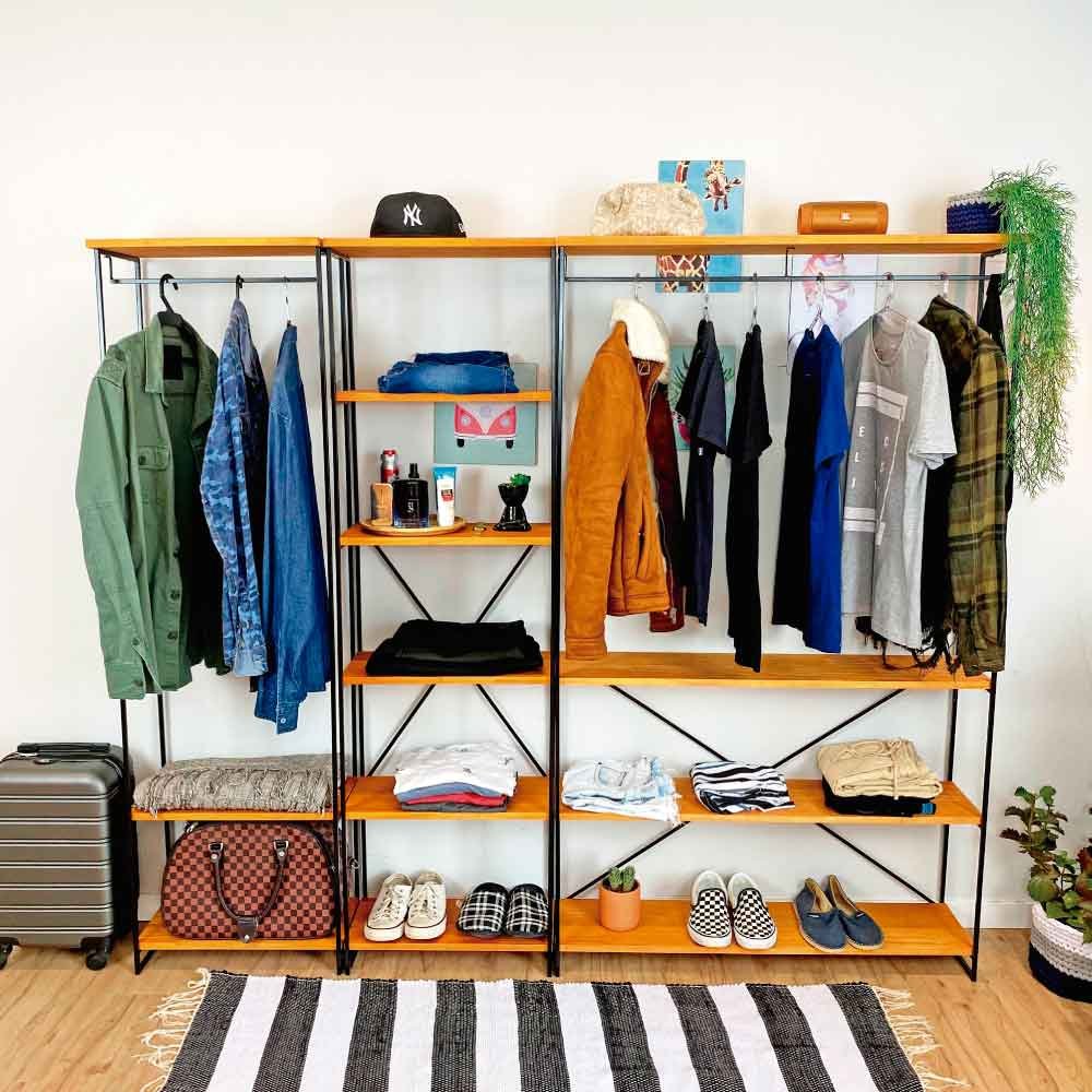 Guarda-Roupas Industrial de Ferro e Madeira Closet Modular Carvalho e Preto