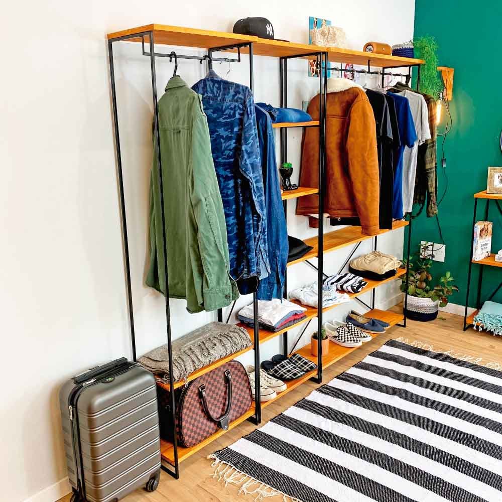 Guarda-Roupas Industrial de Ferro e Madeira Closet Modular Carvalho e Preto