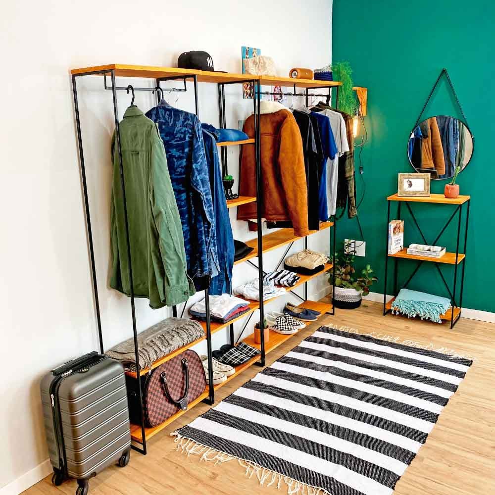 Guarda-Roupas Industrial de Ferro e Madeira Closet Modular Carvalho e Preto