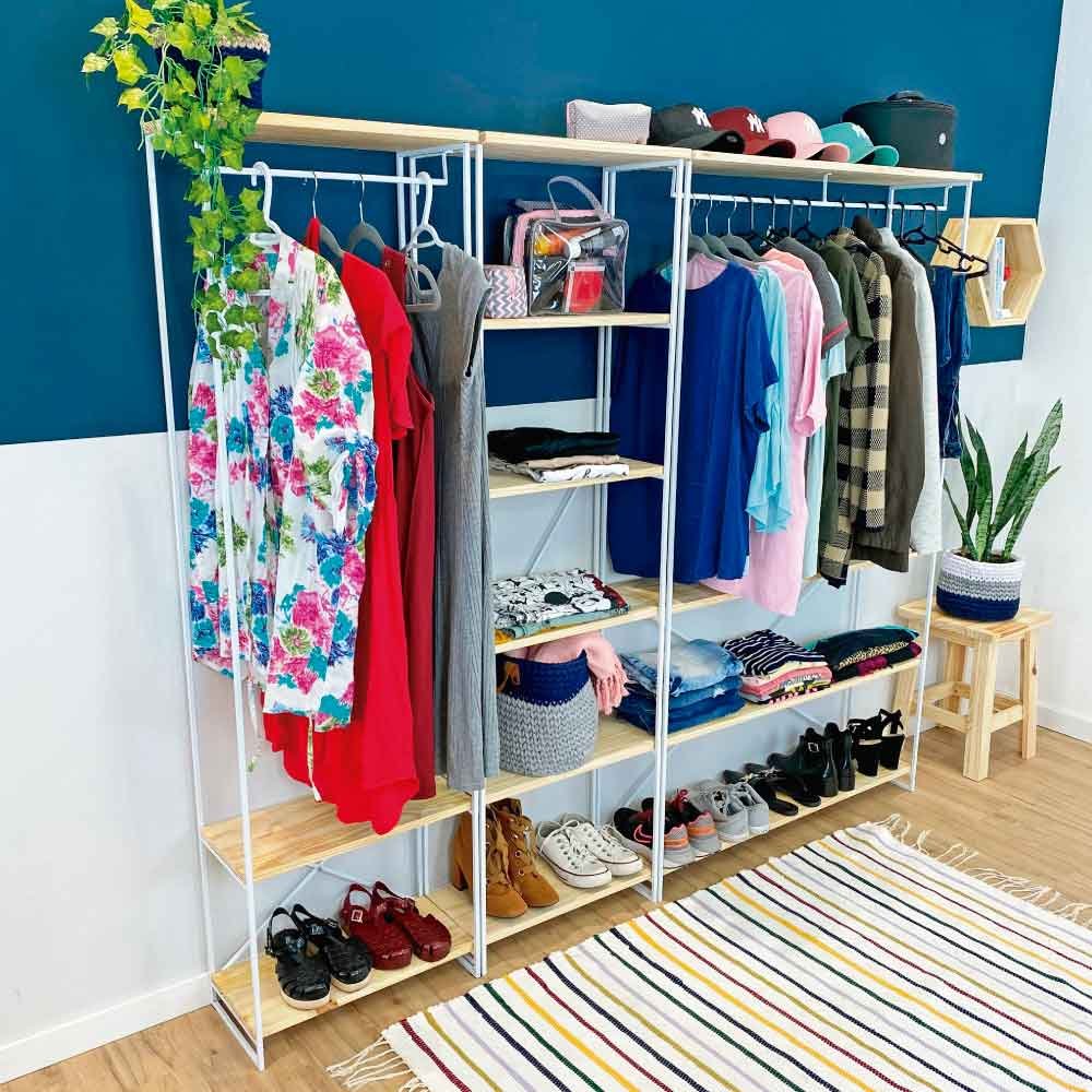 Guarda-Roupas Industrial de Ferro e Madeira Closet Modular Natural e Branco