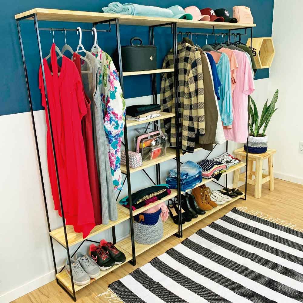 Guarda-Roupas Industrial de Ferro e Madeira Closet Modular Natural e Preto