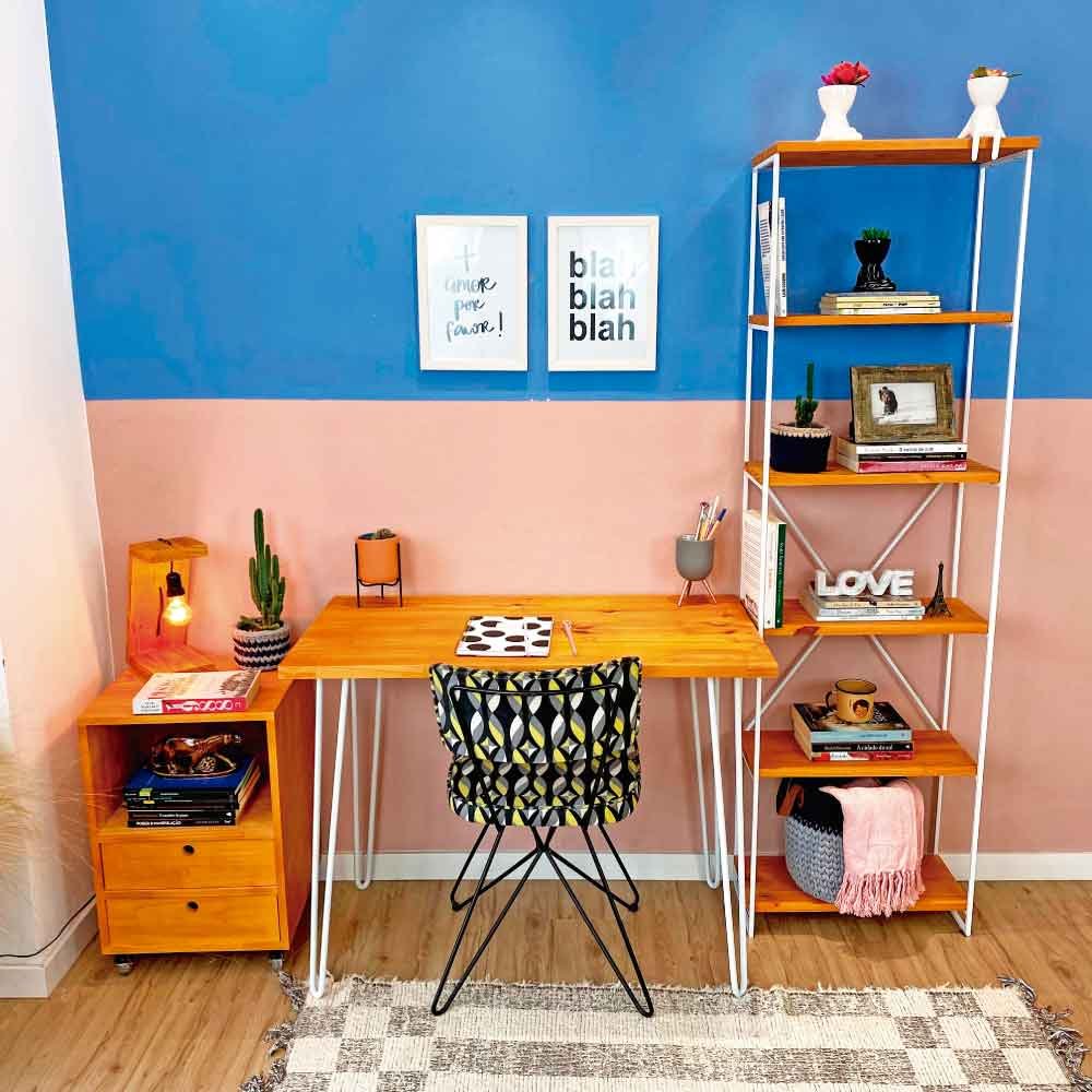 Home Office Escrivaninha Hairpin e Estante Torre Slim Industrial Carvalho e Branco