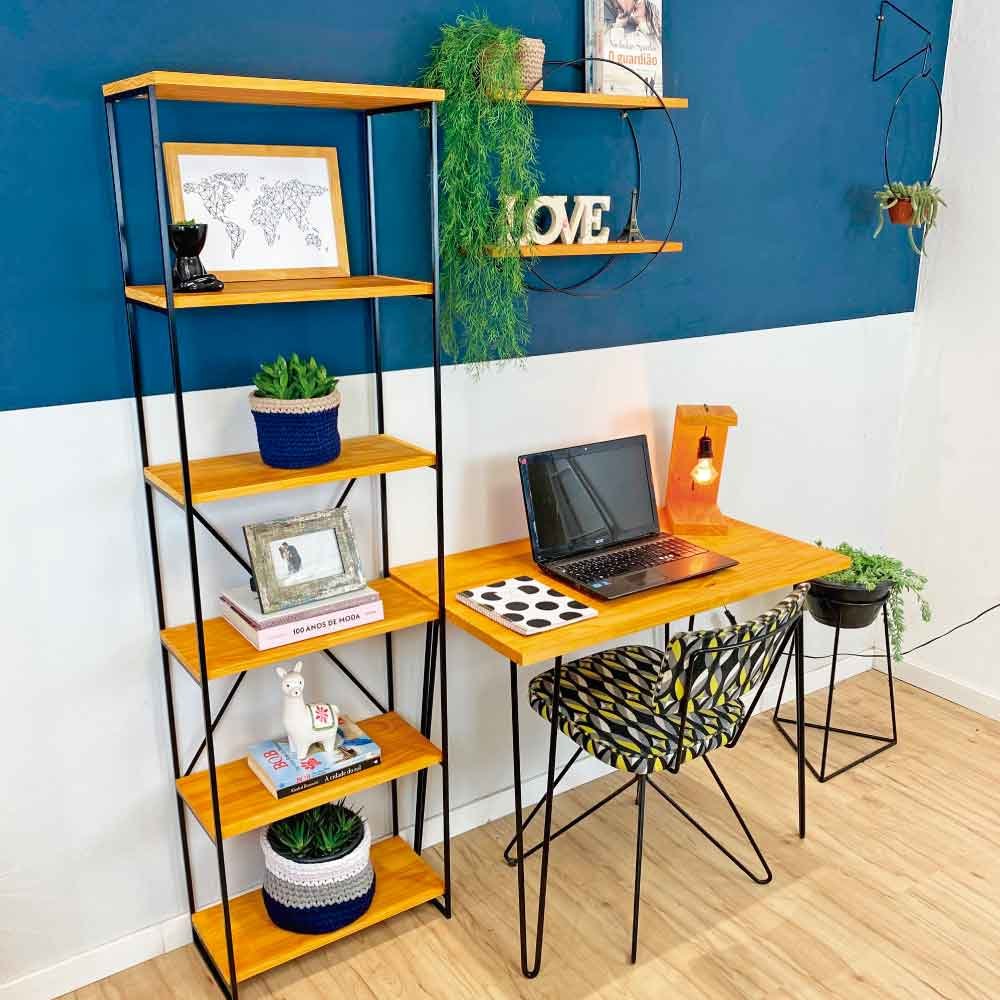 Home Office Escrivaninha Hairpin e Estante Torre Slim Industrial Carvalho e Preto