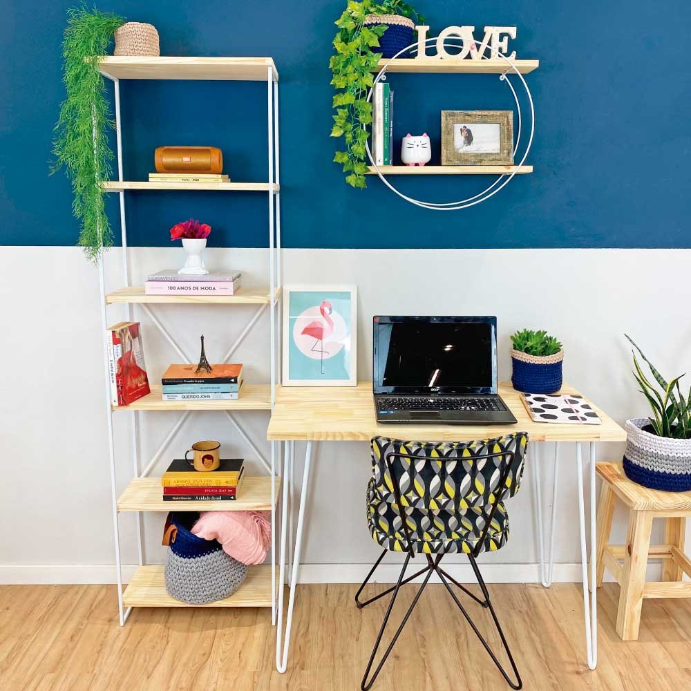 Home Office Escrivaninha Hairpin e Estante Torre Slim Industrial Natural e Branco