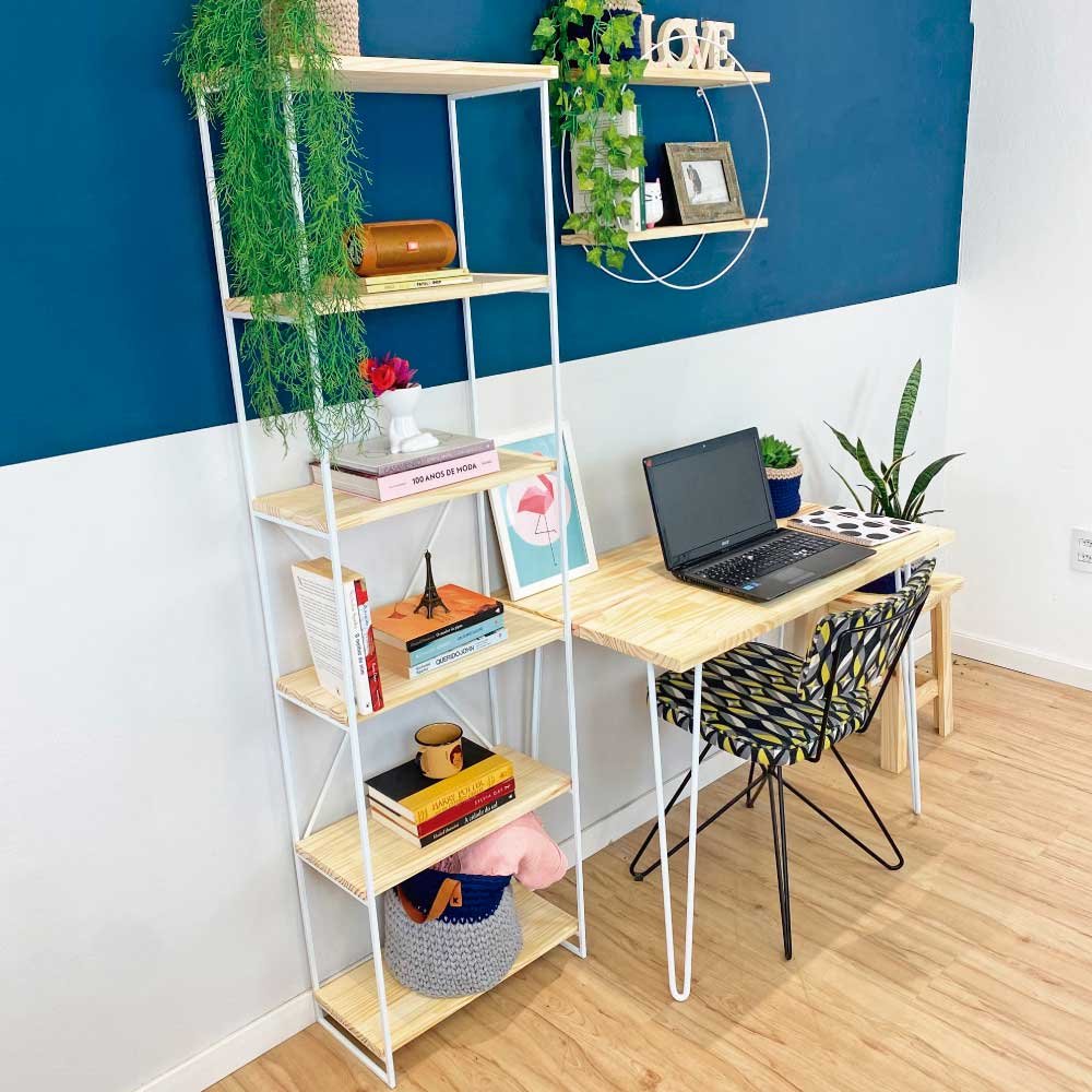 Home Office Escrivaninha Hairpin e Estante Torre Slim Industrial Natural e Branco
