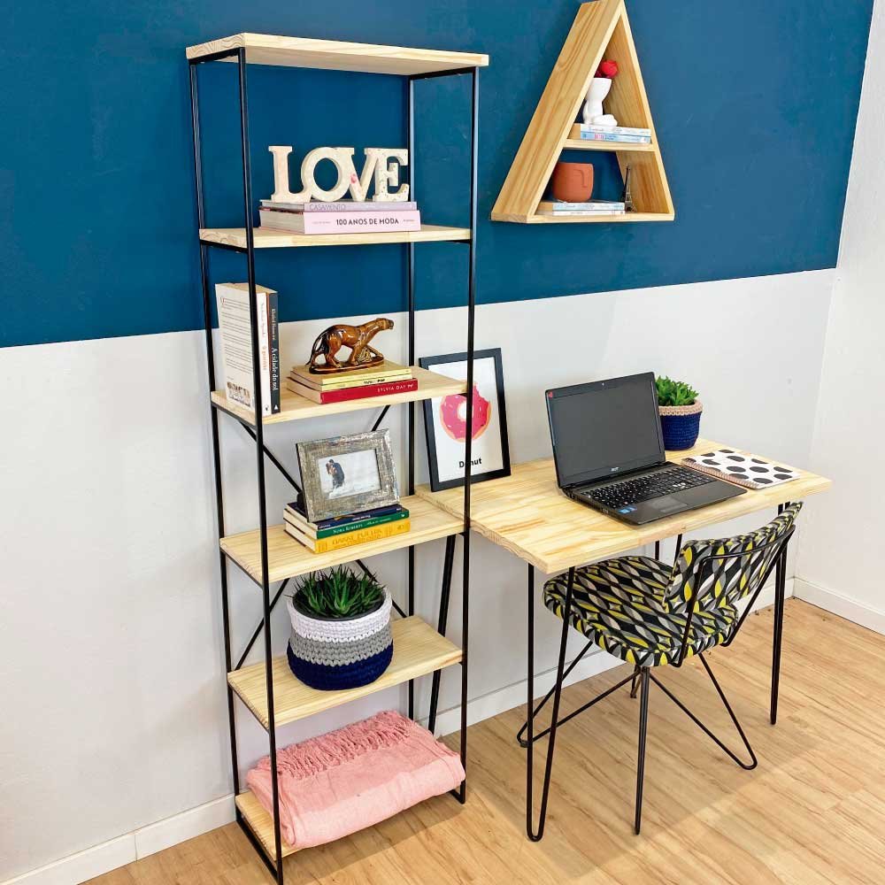 Home Office Escrivaninha Hairpin e Estante Torre Slim Industrial Natural e Preto