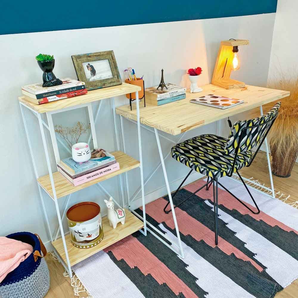 Home Office Escrivaninha e Aparador Slim Industrial de Ferro e Madeira  Natural e Branco