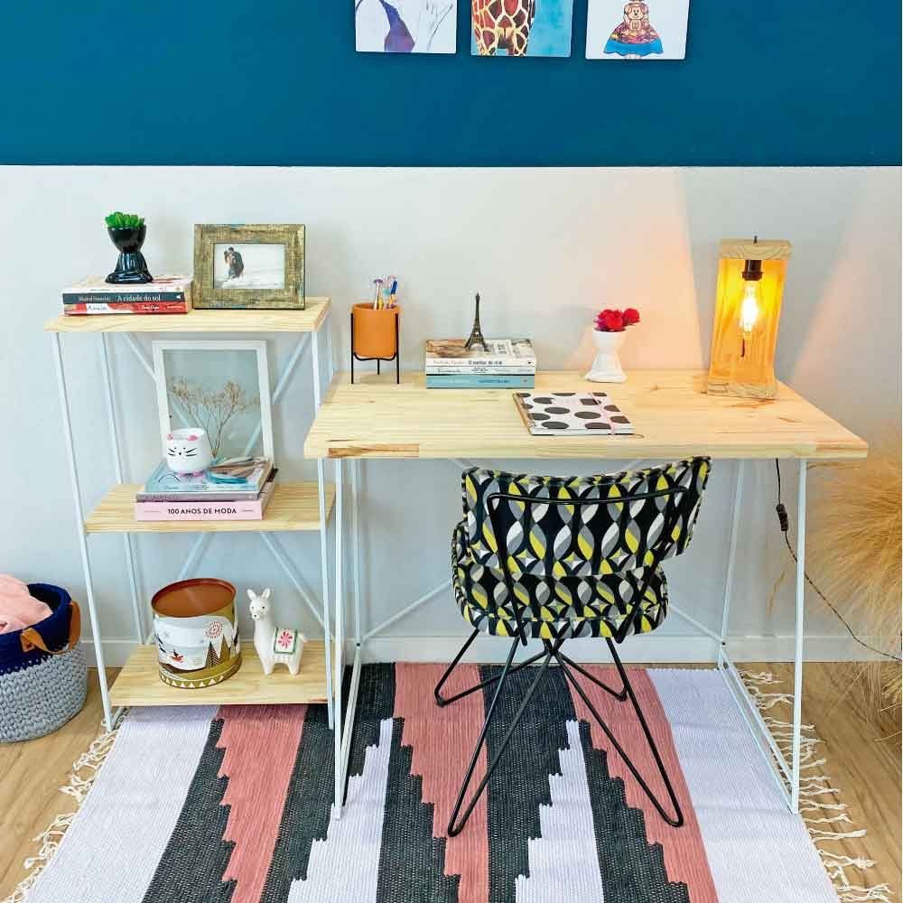 Home Office Escrivaninha e Aparador Slim Industrial de Ferro e Madeira  Natural e Branco