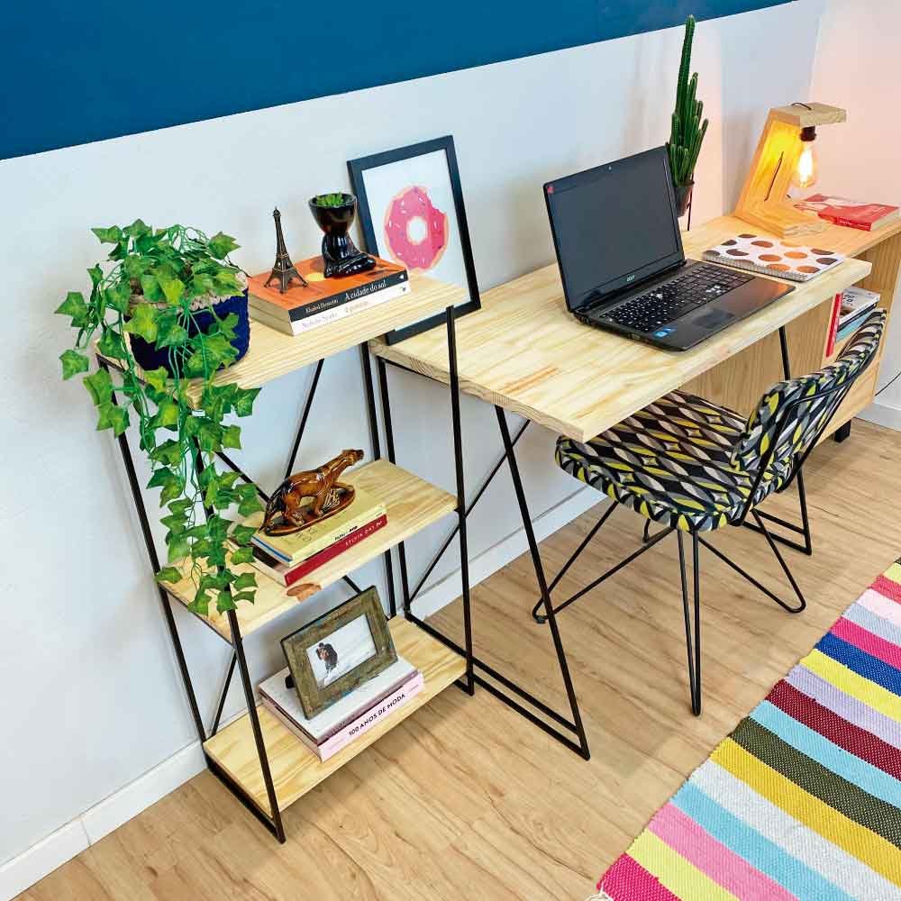 Home Office Escrivaninha e Aparador Slim Industrial de Ferro e Madeira  Natural e Preto