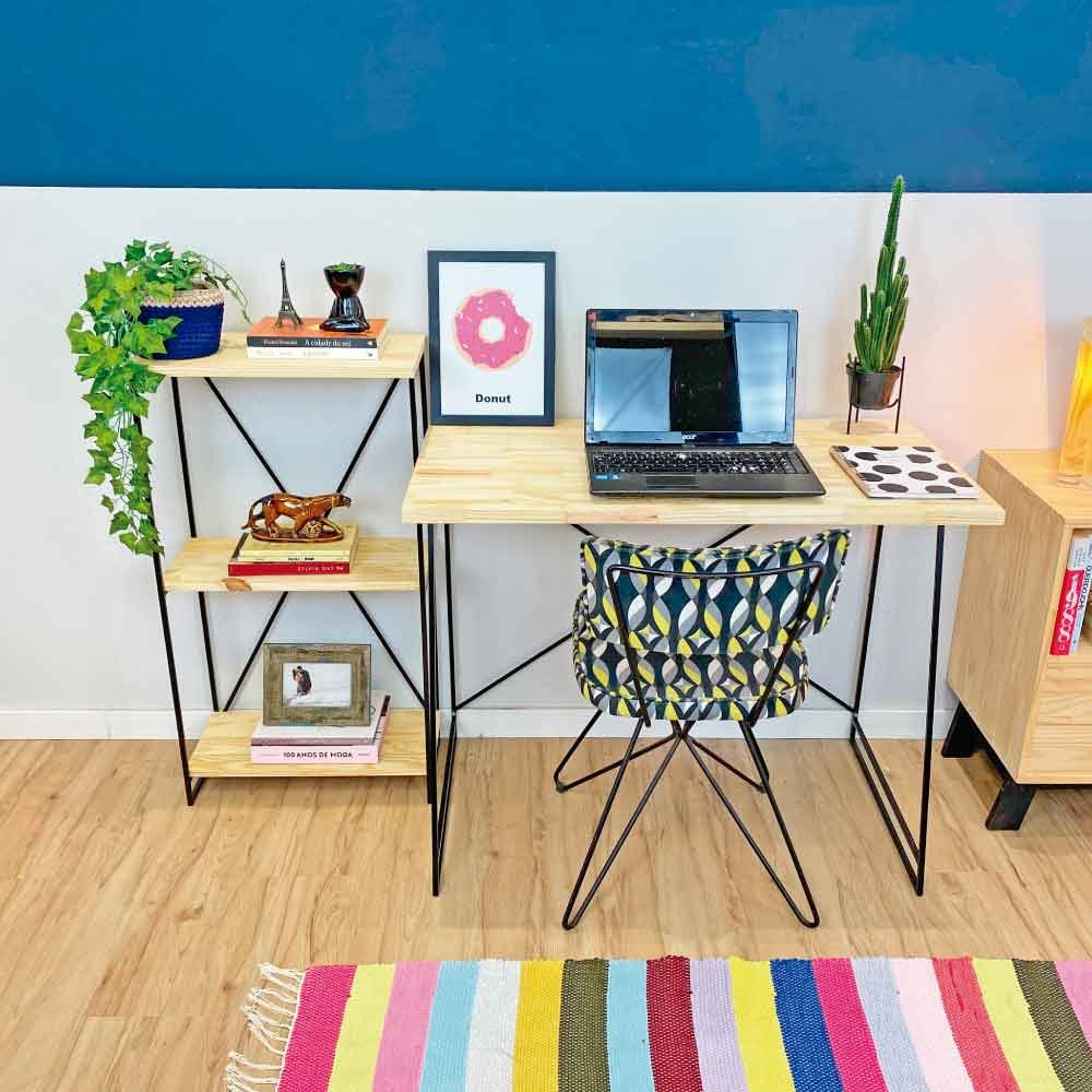 Home Office Escrivaninha e Aparador Slim Industrial de Ferro e Madeira  Natural e Preto