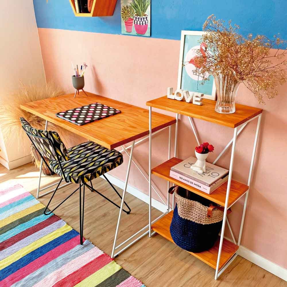 Home Office Escrivaninha e Aparador Slim Industrial de Ferro e Madeira Carvalho e Branco