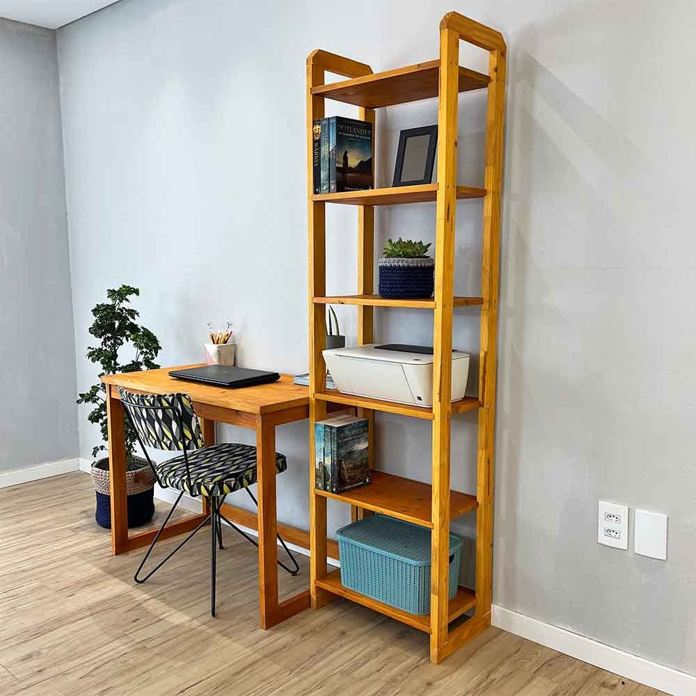 Home Office Escrivaninha e Estante de Madeira Pinus Linea Slim Carvalho