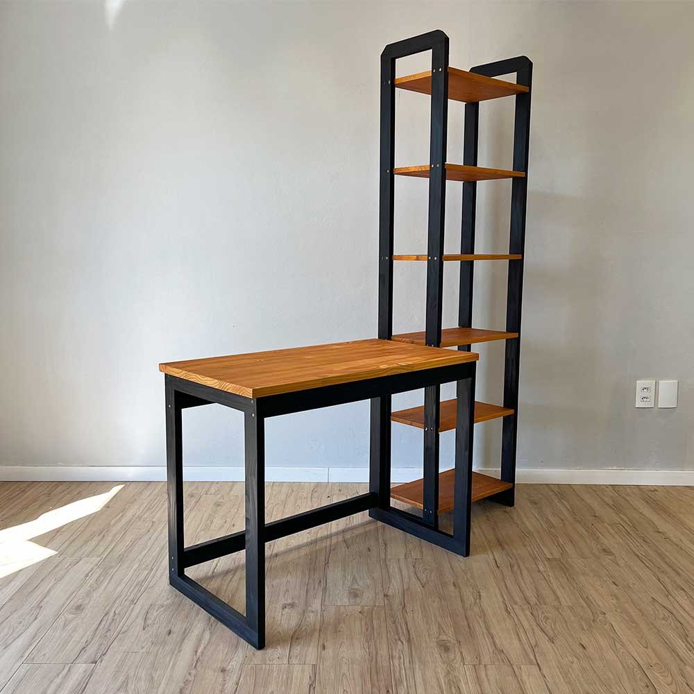 Home Office Escrivaninha e Estante de Madeira Pinus Linea Slim Carvalho e Preto
