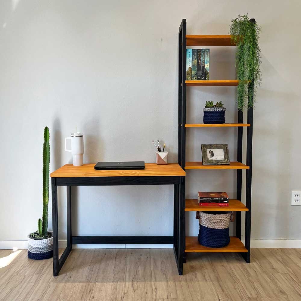Home Office Escrivaninha e Estante de Madeira Pinus Linea Slim Carvalho e Preto