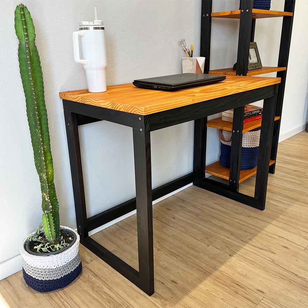 Home Office Escrivaninha e Estante de Madeira Pinus Linea Slim Carvalho e Preto