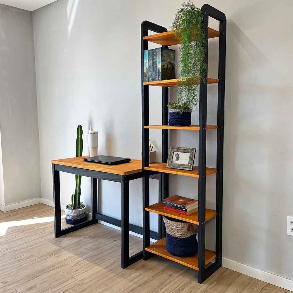 Home Office Escrivaninha e Estante de Madeira Pinus Linea Slim Carvalho e Preto