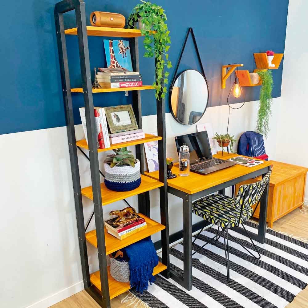 Home Office Escrivaninha e Estante de Madeira Pinus Linea Slim Carvalho e Preto