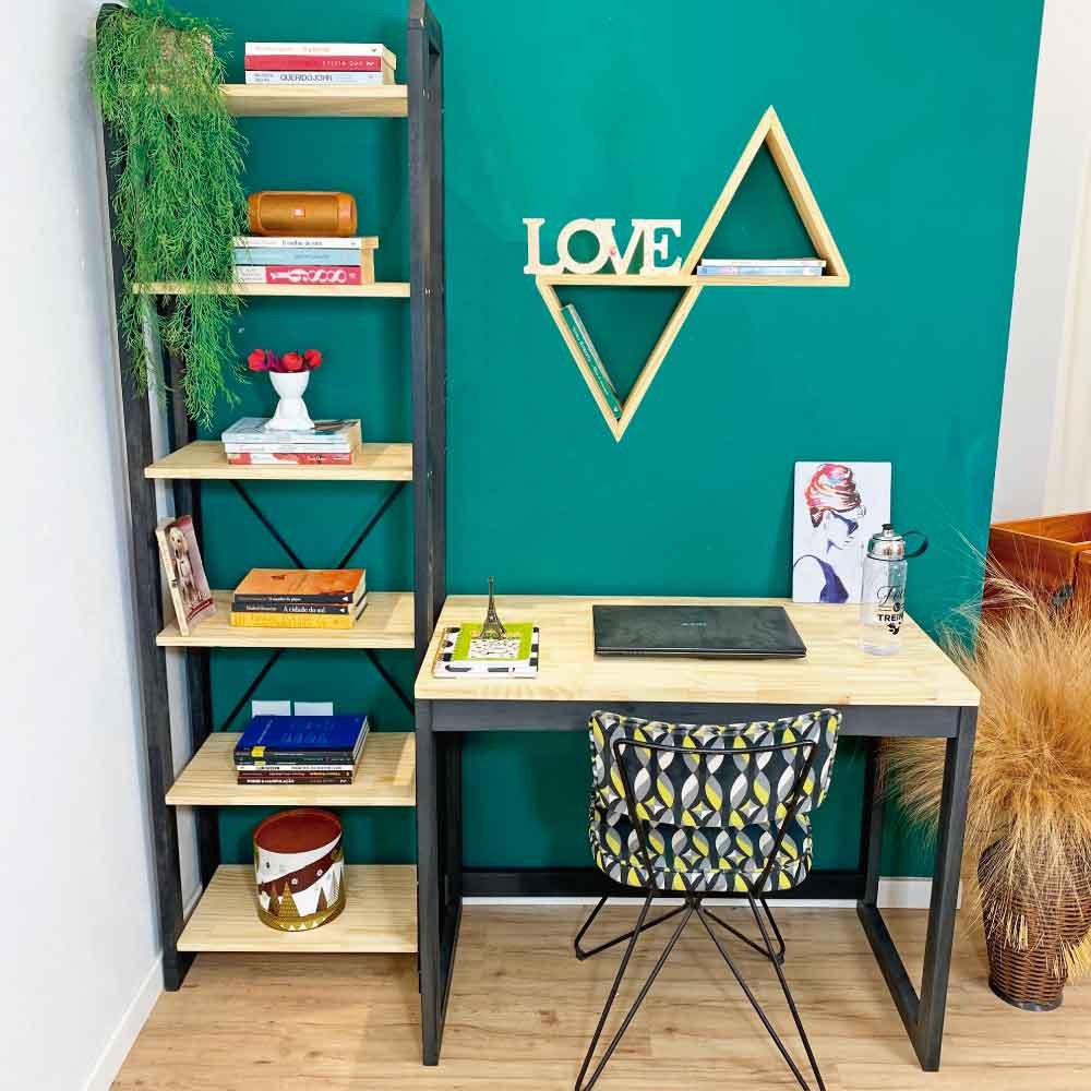 Home Office Escrivaninha e Estante de Madeira Pinus Linea Slim Natural e Preto