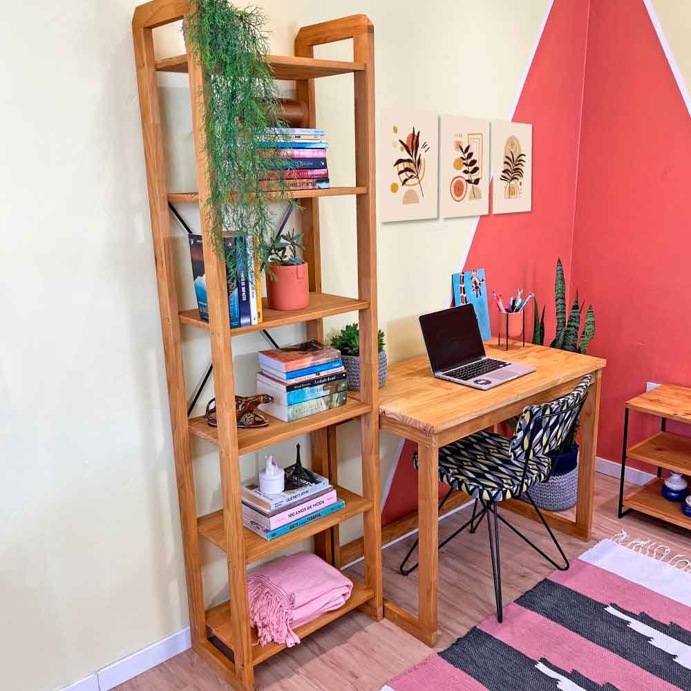 Home Office Escrivaninha e Estante de Madeira Pinus Linea Slim Nozes